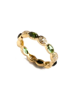 Freestyle Ring with Green Oval Cabochon Tourmalines and Diamond Clusters