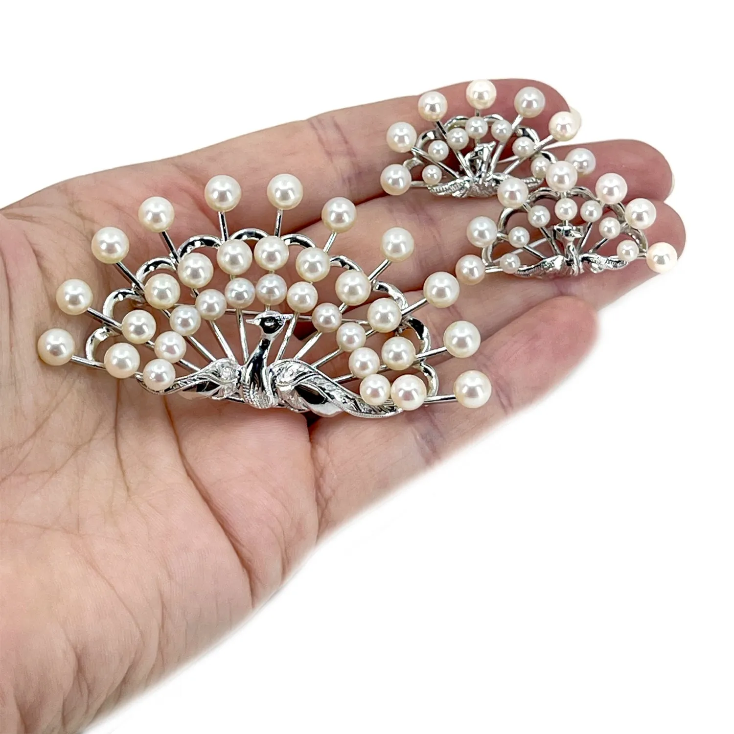 Furuya Peacock Vintage Japanese Saltwater Cultured Akoya Pearl Brooch & Screwback Earring Set- Sterling Silver