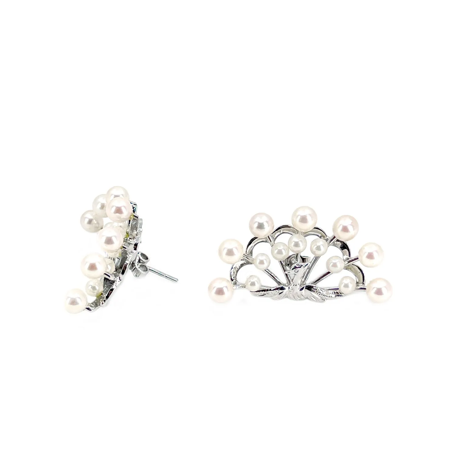 Furuya Peacock Vintage Japanese Saltwater Cultured Akoya Pearl Brooch & Screwback Earring Set- Sterling Silver