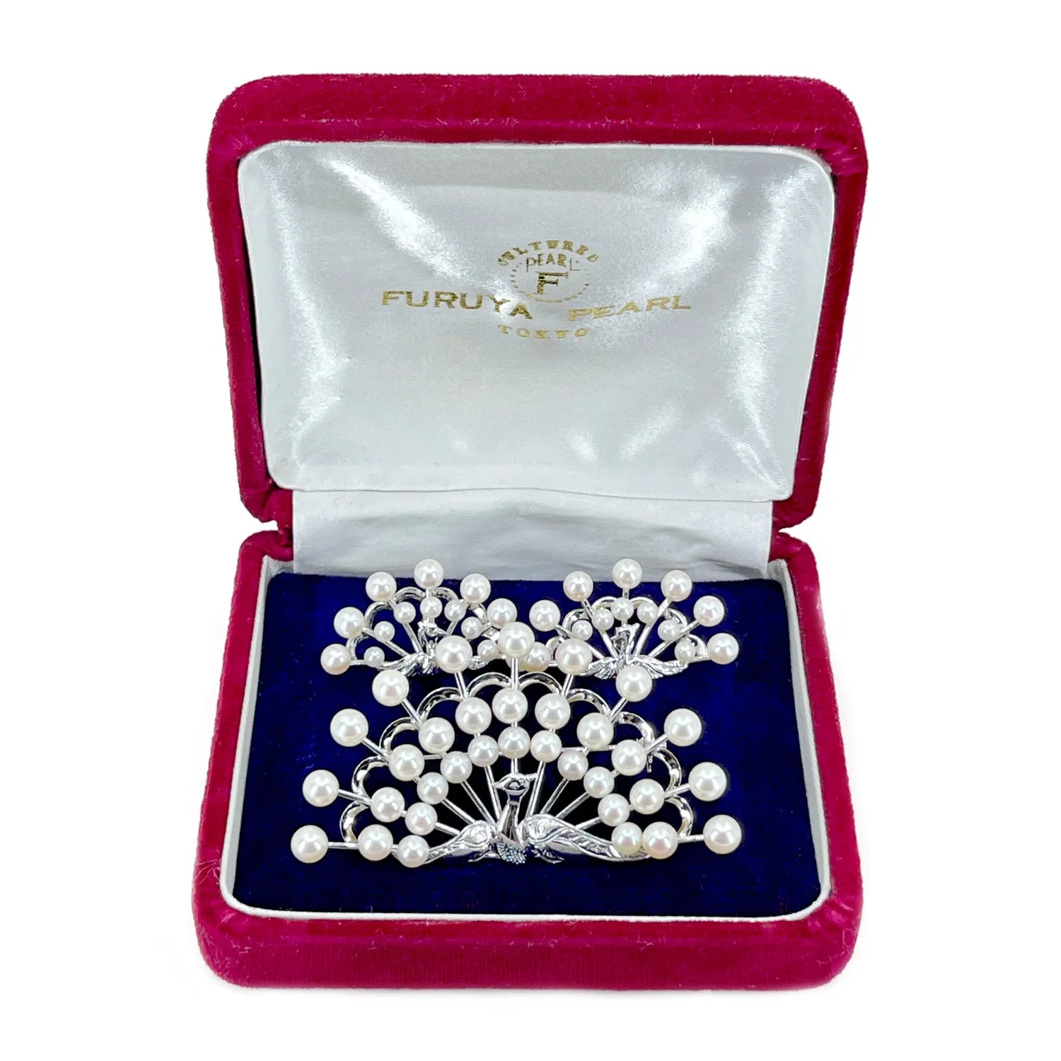Furuya Peacock Vintage Japanese Saltwater Cultured Akoya Pearl Brooch & Screwback Earring Set- Sterling Silver