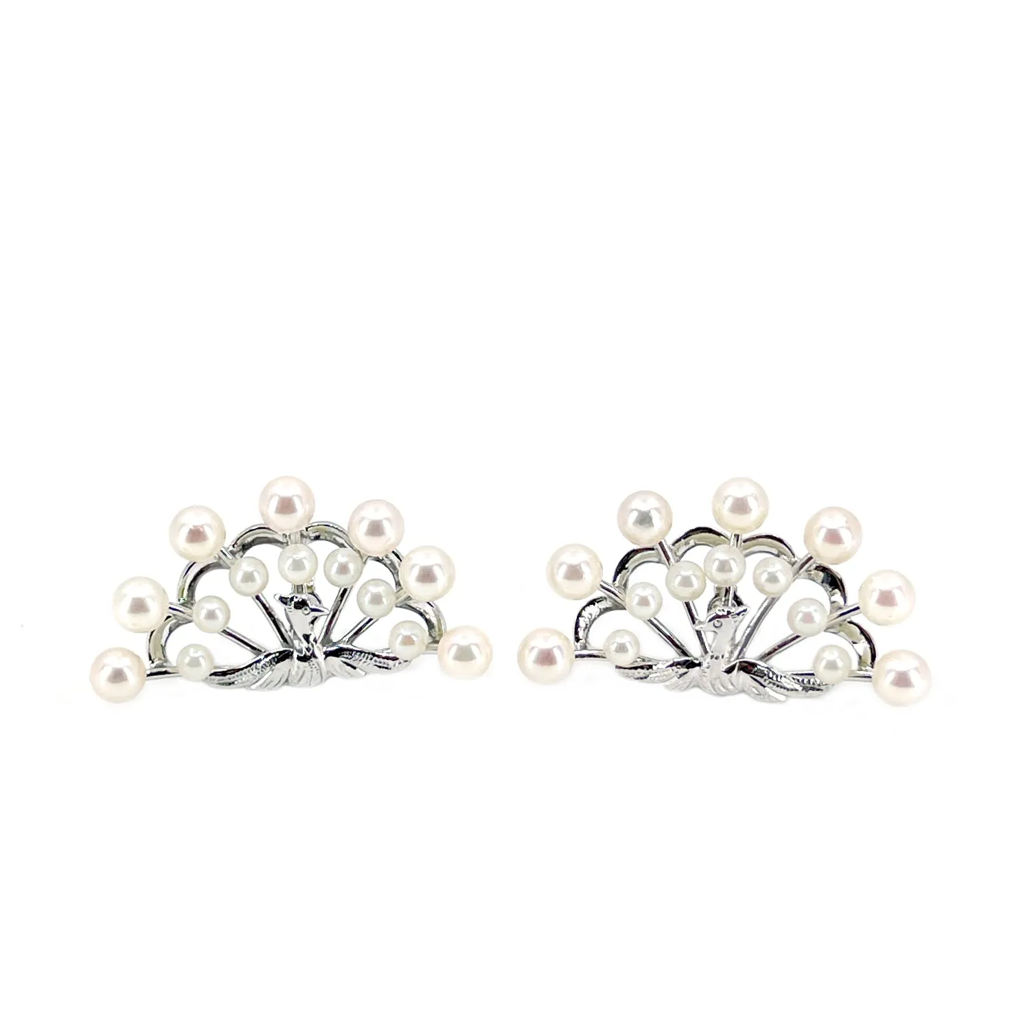 Furuya Peacock Vintage Japanese Saltwater Cultured Akoya Pearl Brooch & Screwback Earring Set- Sterling Silver