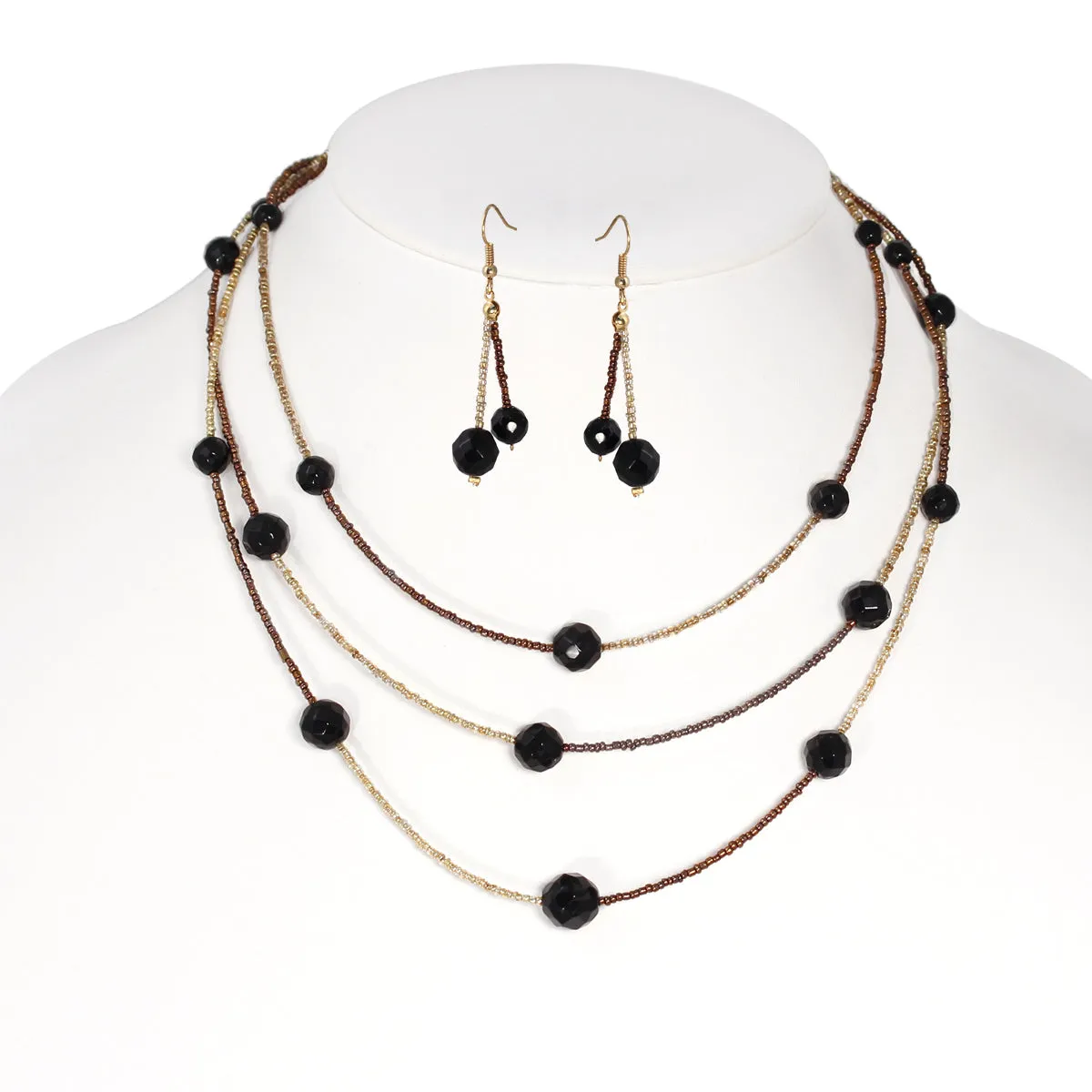 GOLD AND COPPER SEED BEADS BLACK CRYSTAL BEADS  NECKLACE AND EARRINGS SET #S4800 GLD COPP BLK (JD2-28W)