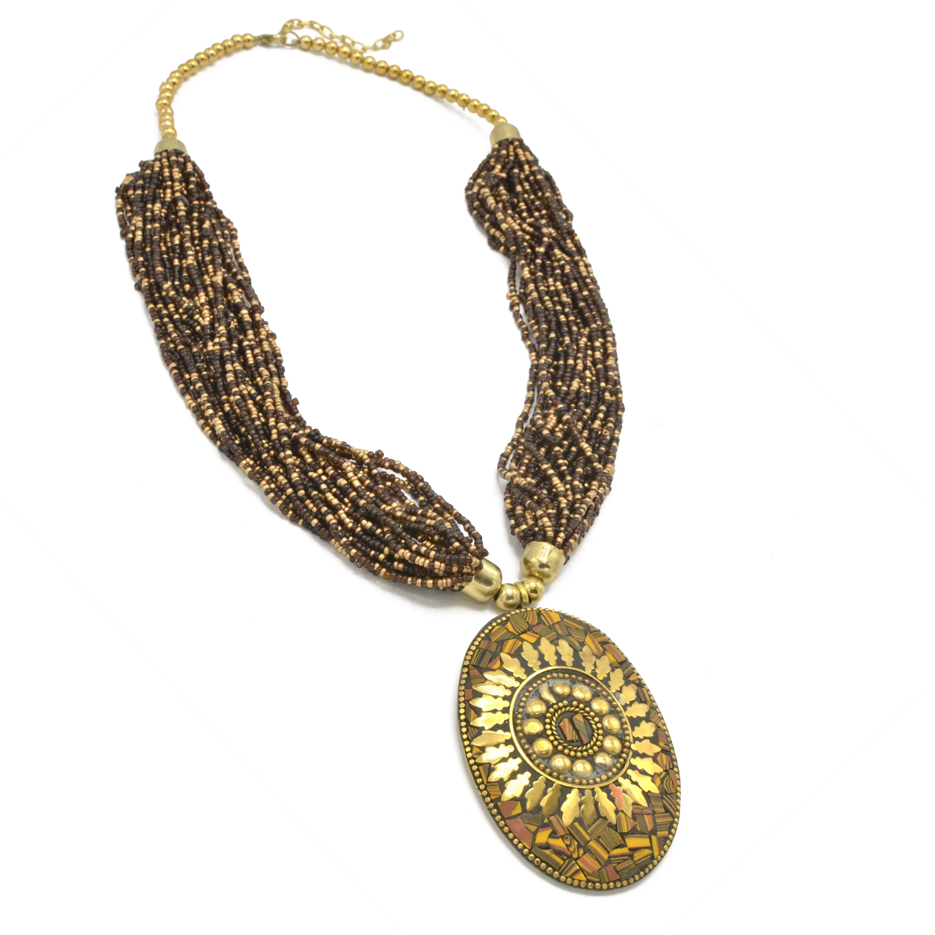 GOLD BROWN PENDANT RESIN BRASS & SEED BEAD LAYERED NECKLACE#FWNK-1703-174-OVL (RF13)
