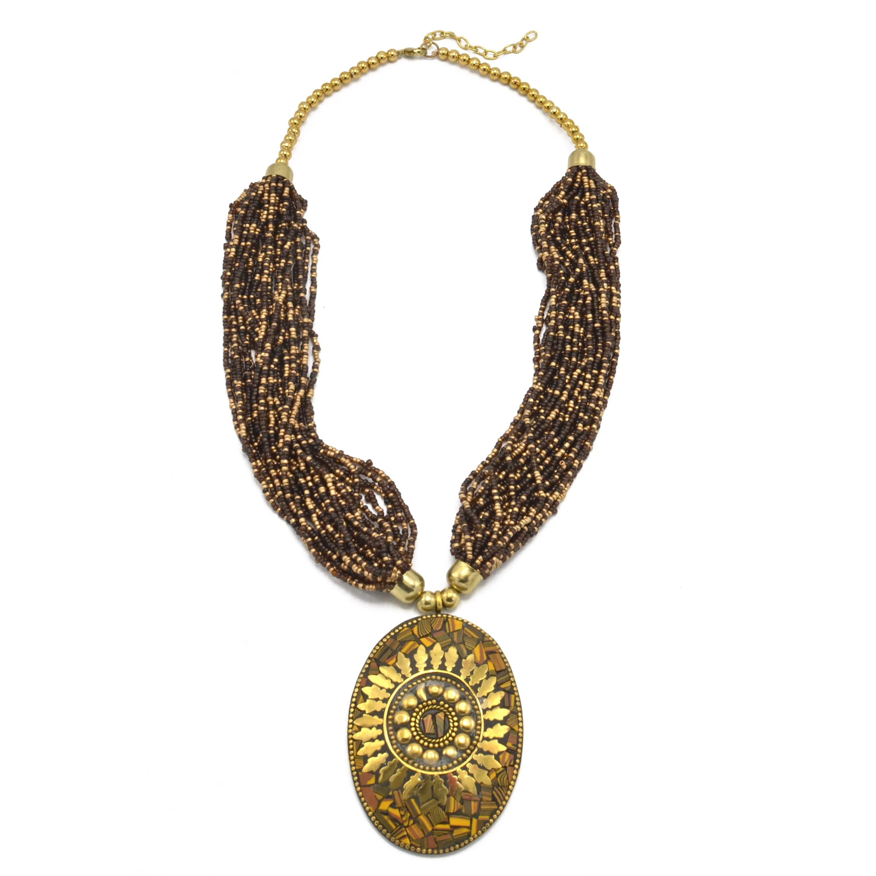 GOLD BROWN PENDANT RESIN BRASS & SEED BEAD LAYERED NECKLACE#FWNK-1703-174-OVL (RF13)