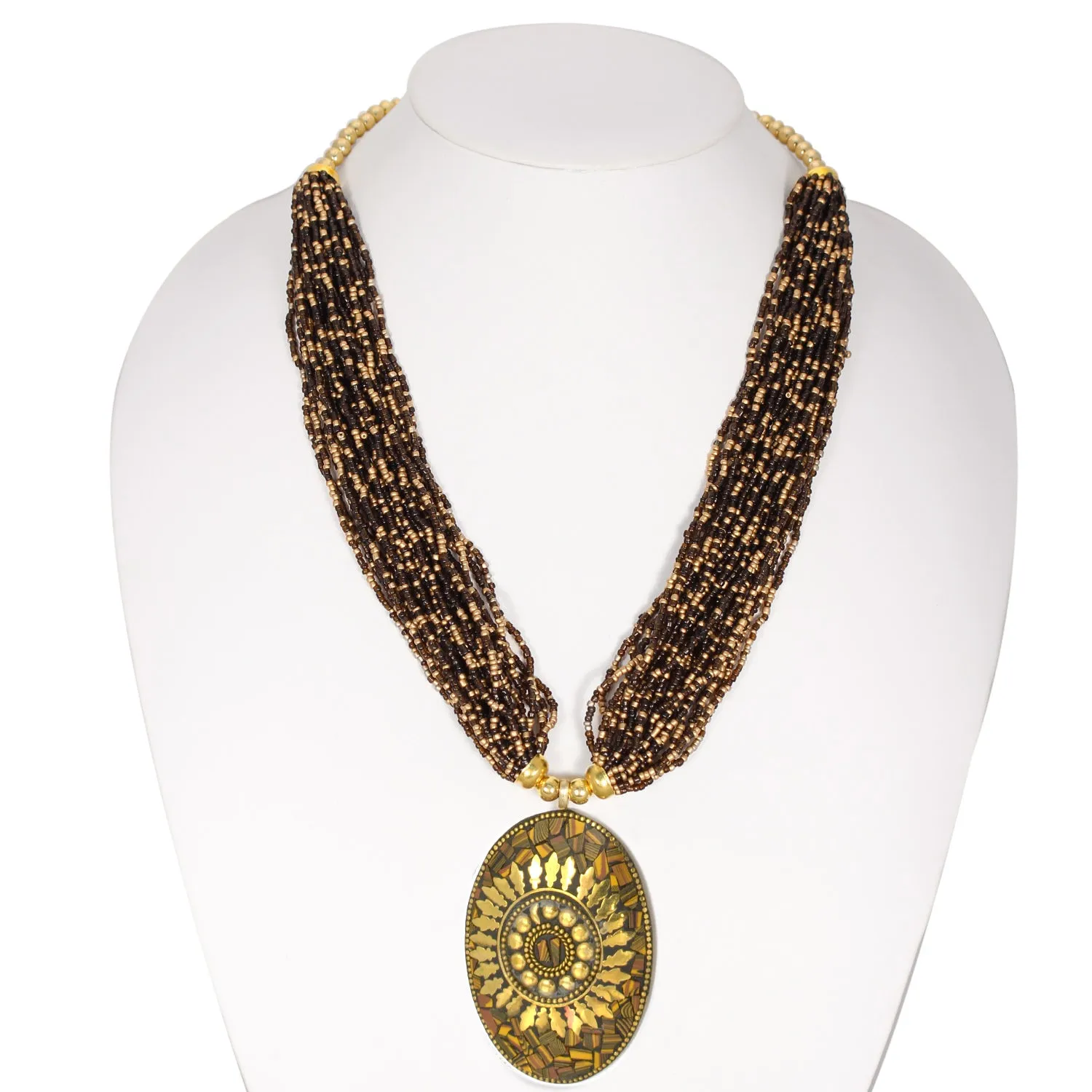 GOLD BROWN PENDANT RESIN BRASS & SEED BEAD LAYERED NECKLACE#FWNK-1703-174-OVL (RF13)