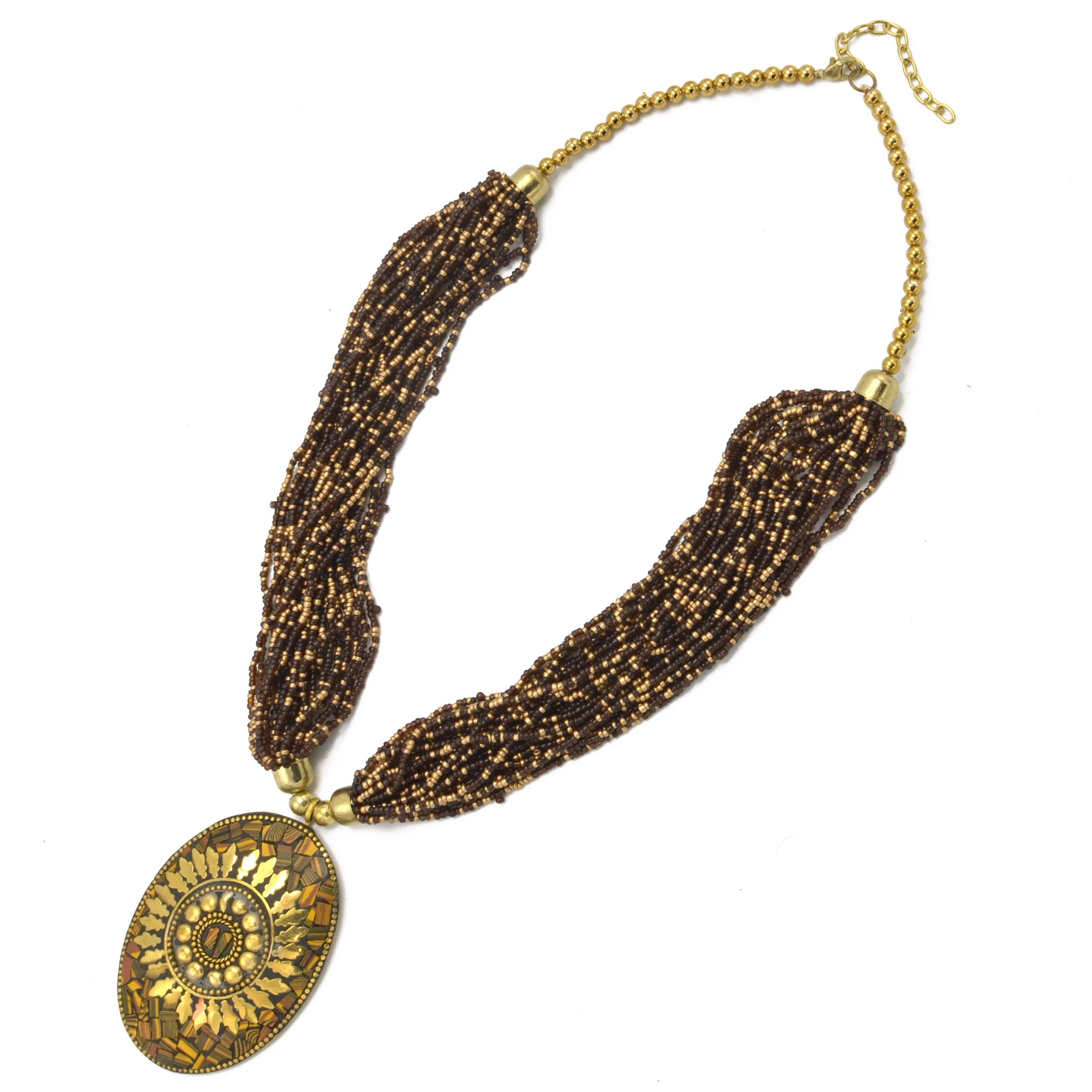 GOLD BROWN PENDANT RESIN BRASS & SEED BEAD LAYERED NECKLACE#FWNK-1703-174-OVL (RF13)