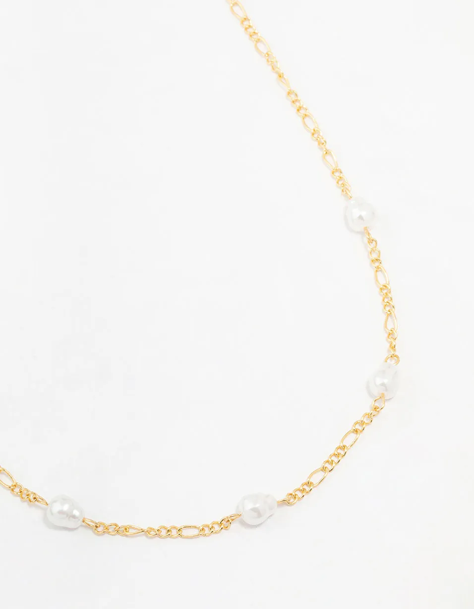 Gold Plated Brass Figaro Pearl Station Necklace