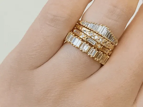 Gold "Bridge" Eternity Ring with Tapered Baguette and Trapeze-Cut Diamonds