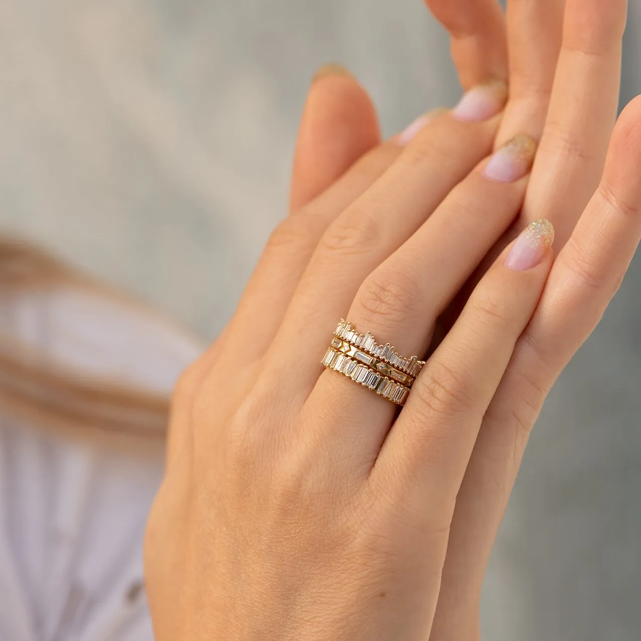 Gold "Bridge" Eternity Ring with Tapered Baguette and Trapeze-Cut Diamonds