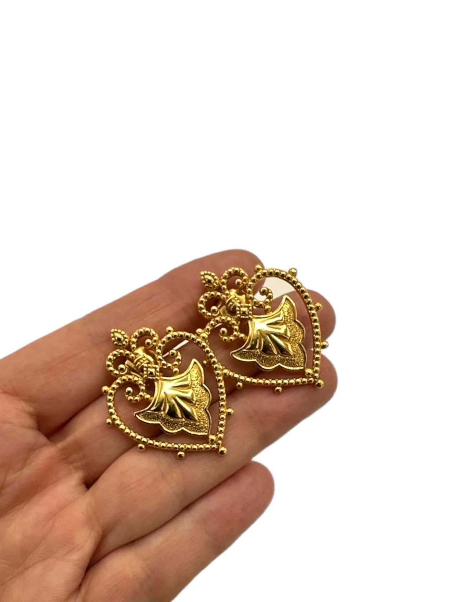 Gold Victorian Revival Heart Vintage Pierced Earrings