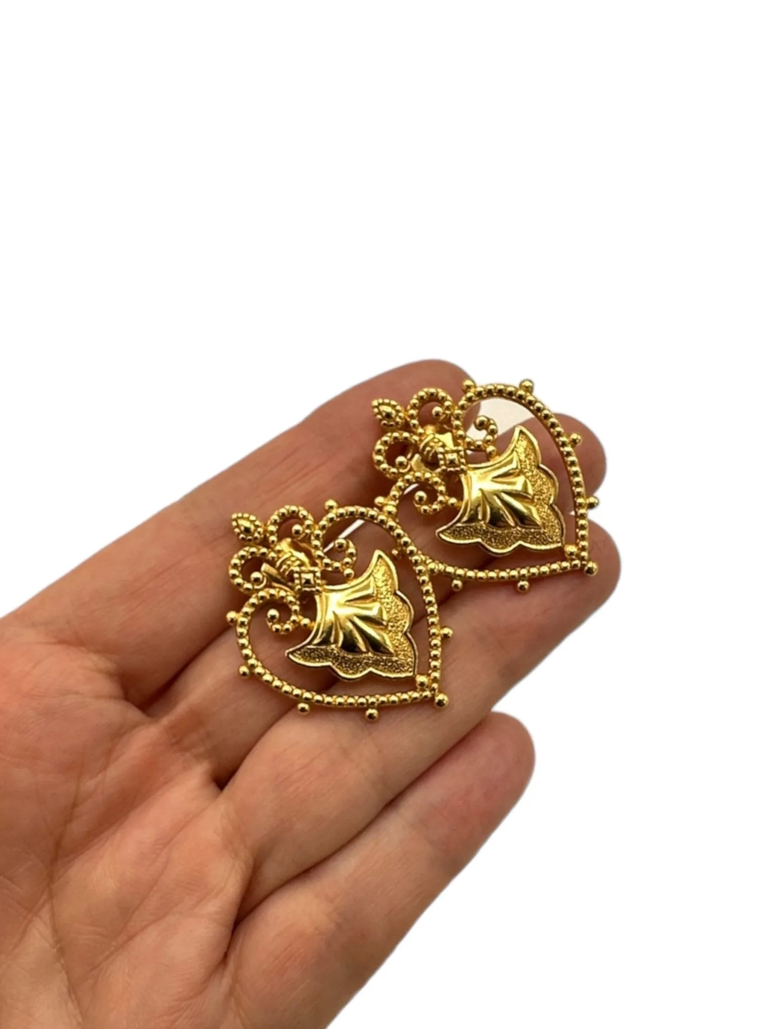 Gold Victorian Revival Heart Vintage Pierced Earrings