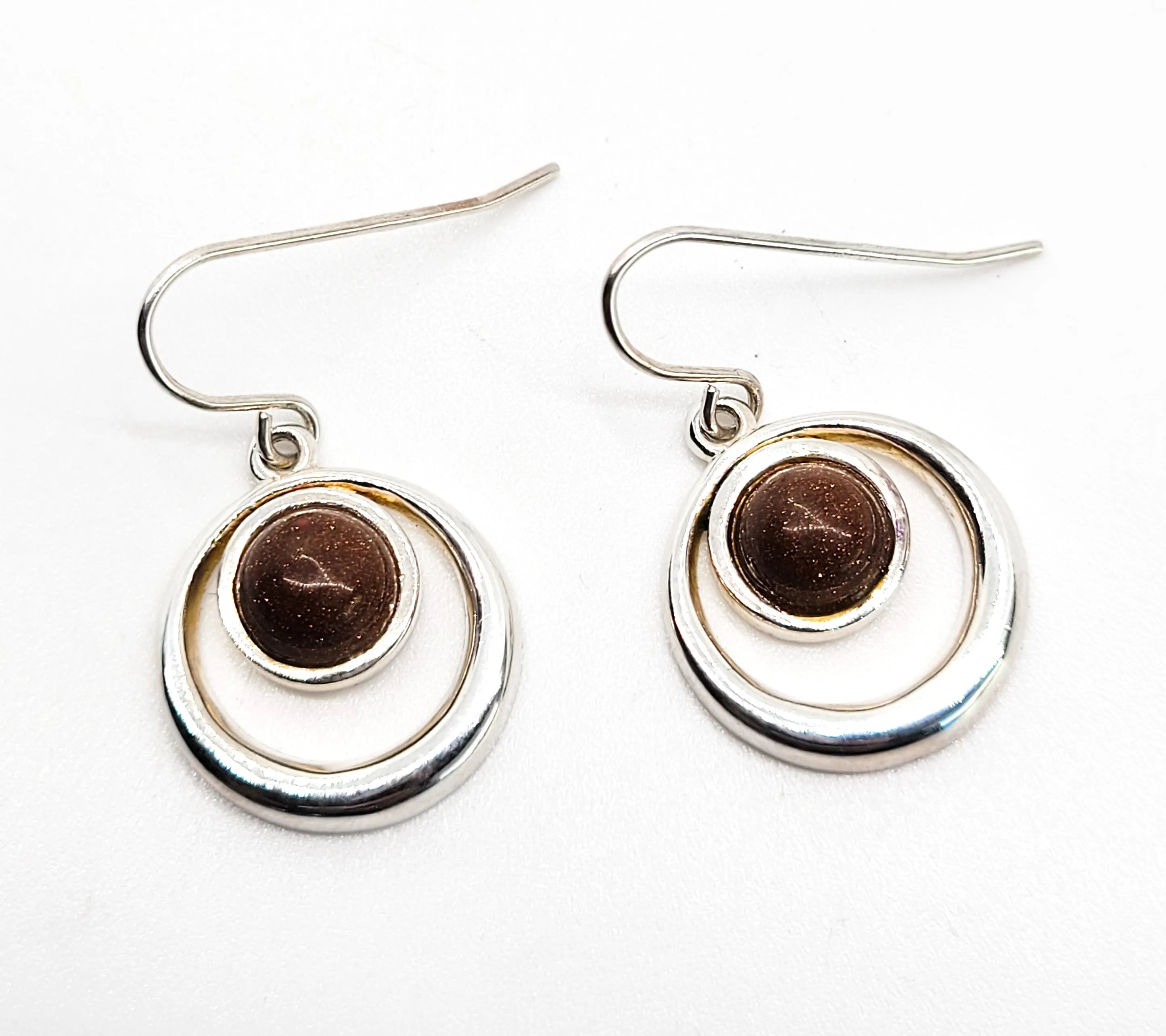 Goldstone Modernist sterling silver drop hoop vintage earrings