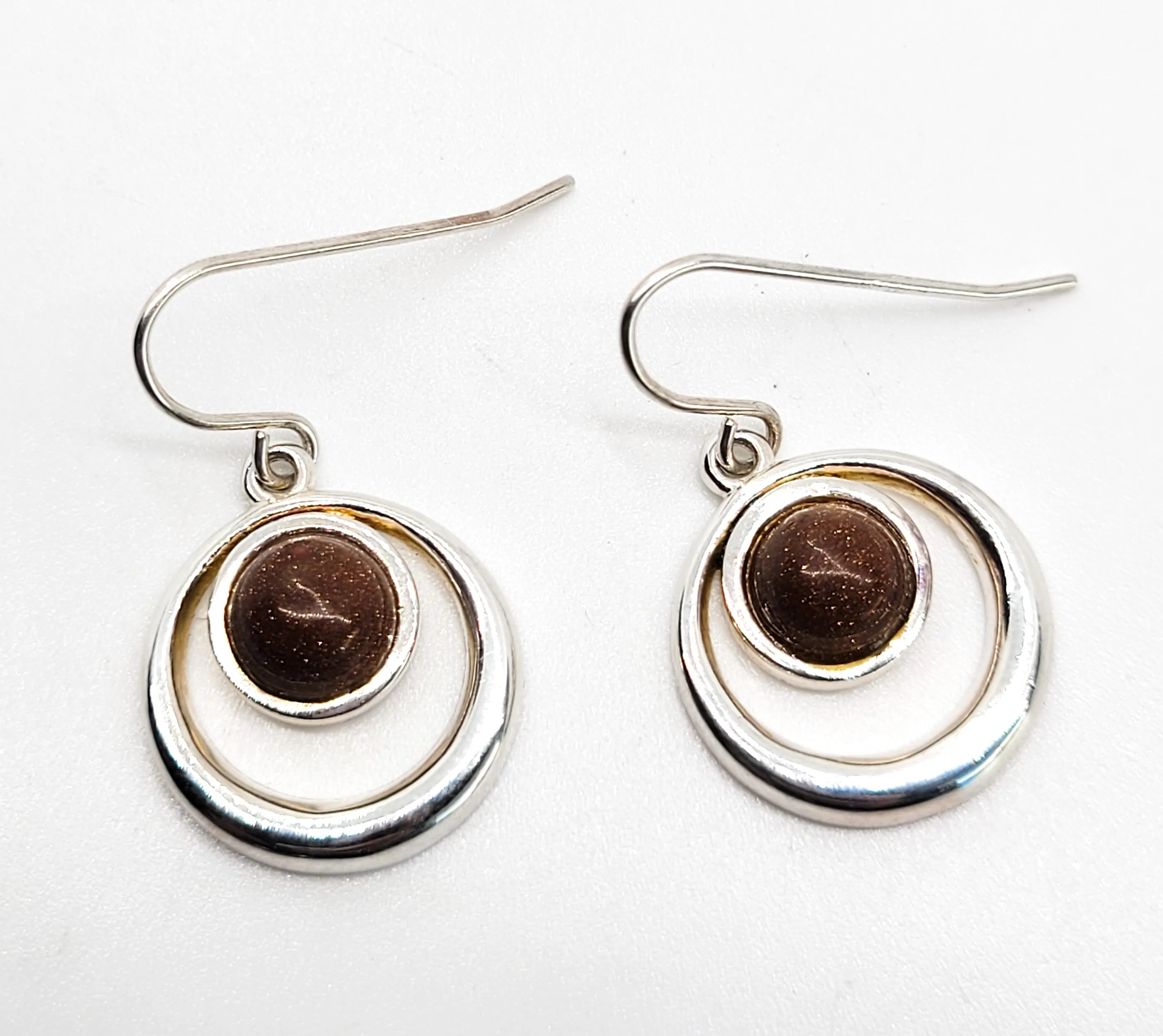 Goldstone Modernist sterling silver drop hoop vintage earrings