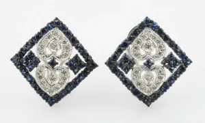 Gorgeous 14k White Gold Diamond and Sapphire Plaque Earrings TCW = 3 ct