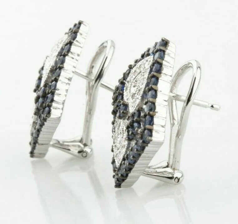 Gorgeous 14k White Gold Diamond and Sapphire Plaque Earrings TCW = 3 ct