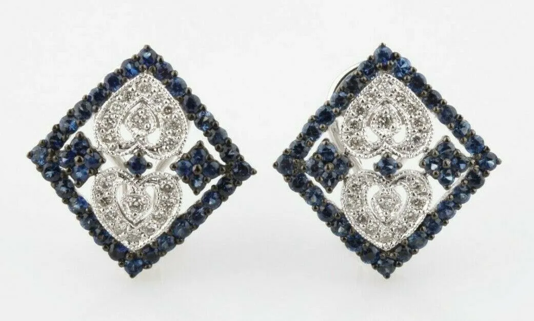 Gorgeous 14k White Gold Diamond and Sapphire Plaque Earrings TCW = 3 ct