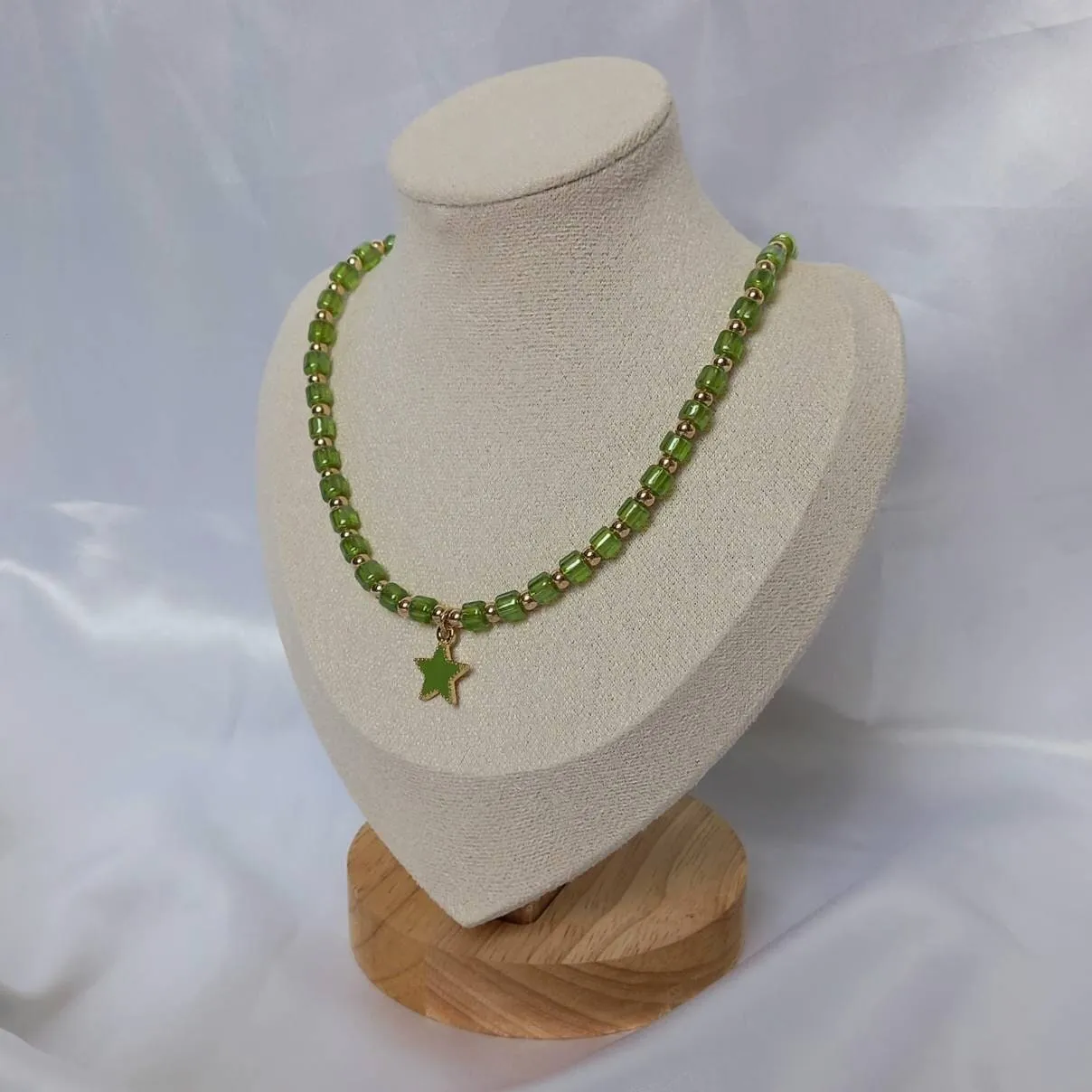Green Beaded Star Necklace - Green Bead Necklace,Star Charm Necklace,Green Necklaces In The UK, Jewellery In The UK, Gold Beaded Necklace