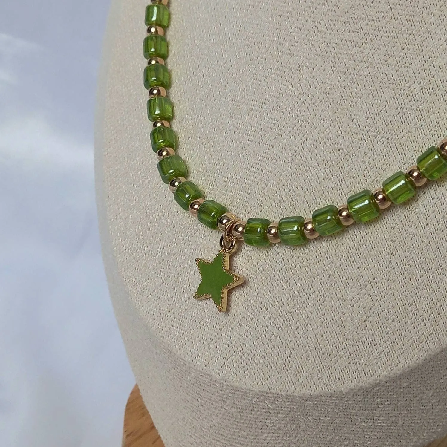 Green Beaded Star Necklace - Green Bead Necklace,Star Charm Necklace,Green Necklaces In The UK, Jewellery In The UK, Gold Beaded Necklace