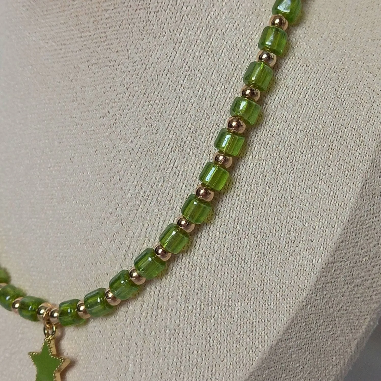 Green Beaded Star Necklace - Green Bead Necklace,Star Charm Necklace,Green Necklaces In The UK, Jewellery In The UK, Gold Beaded Necklace