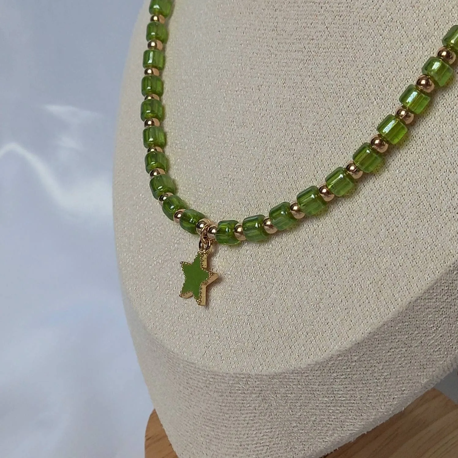 Green Beaded Star Necklace - Green Bead Necklace,Star Charm Necklace,Green Necklaces In The UK, Jewellery In The UK, Gold Beaded Necklace