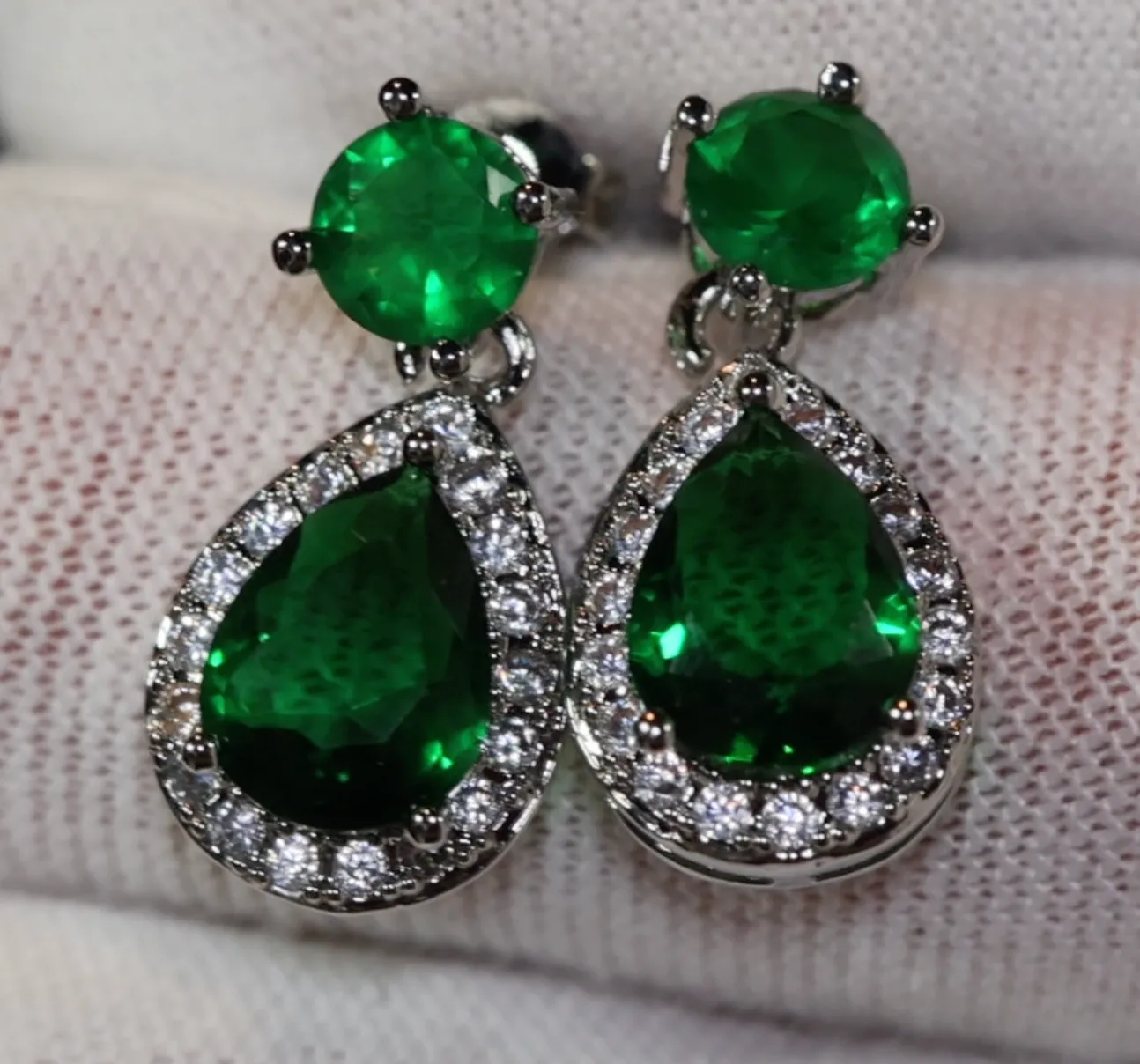 Green Diamond Earrings | Emerald Green Earrings | Green Pear Cut Earrings