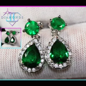 Green Diamond Earrings | Emerald Green Earrings | Green Pear Cut Earrings