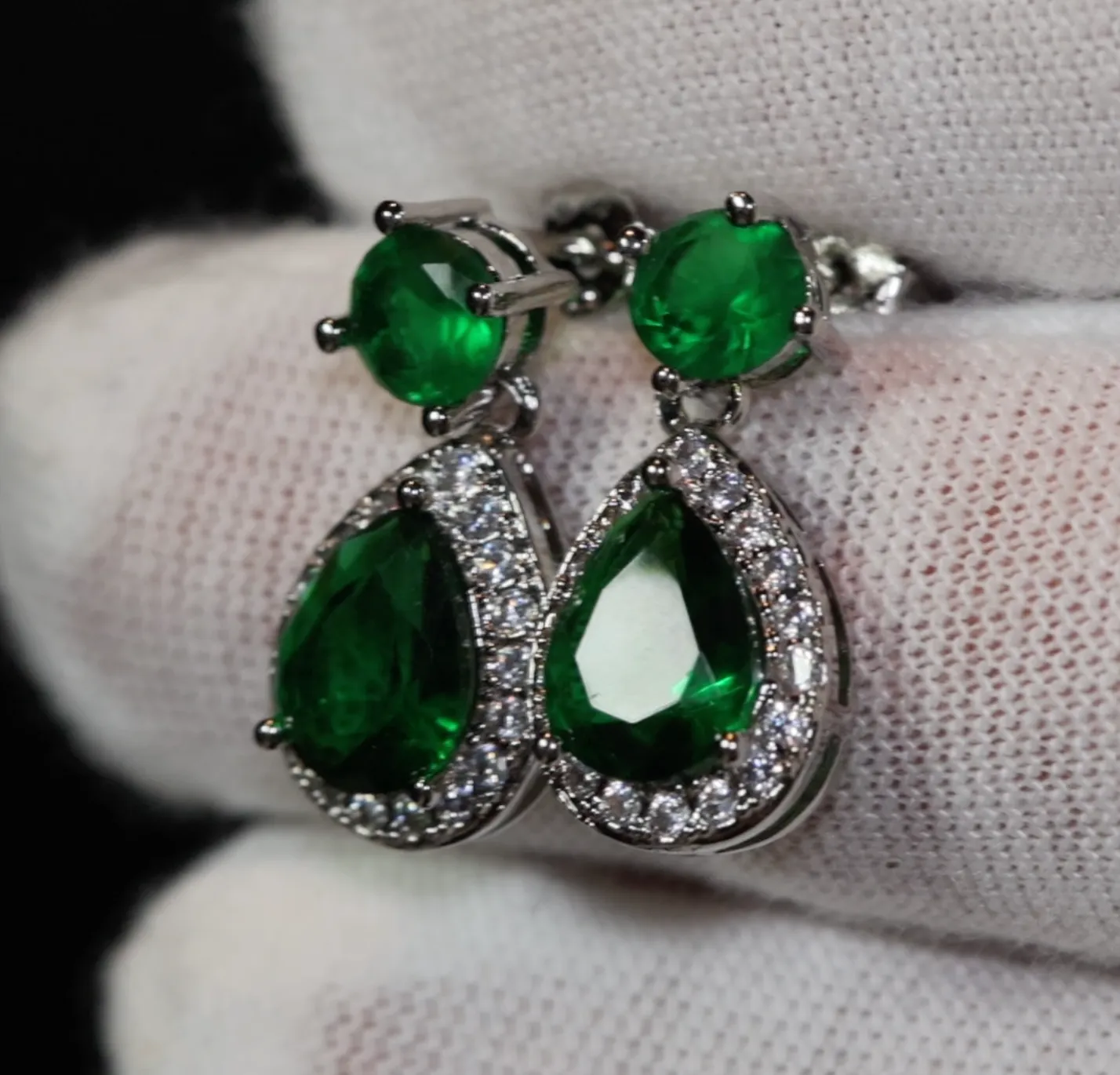 Green Diamond Earrings | Emerald Green Earrings | Green Pear Cut Earrings