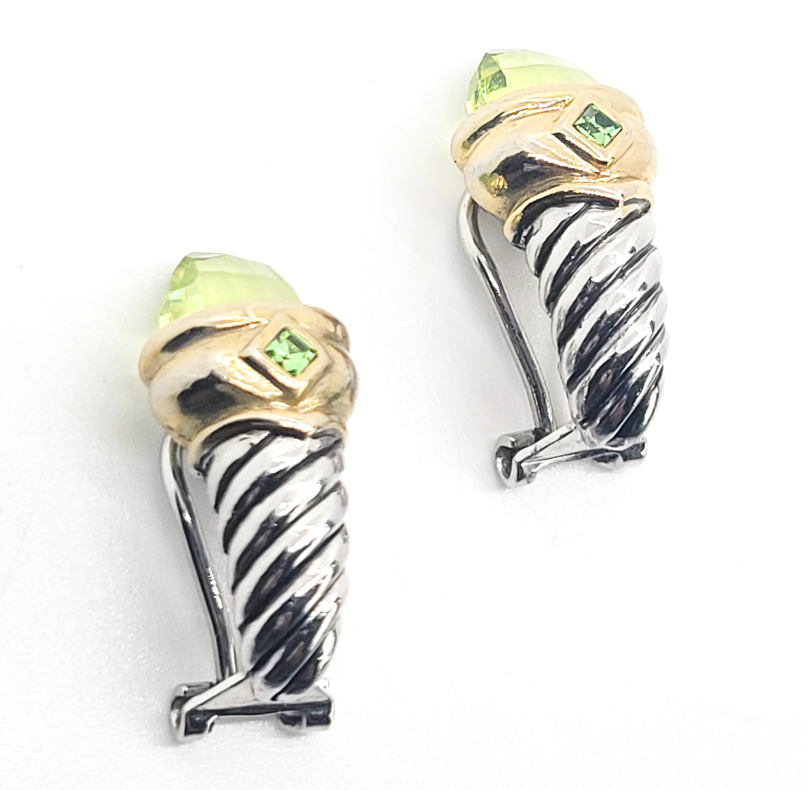 Green faceted crystal silver and gold toned vintage scepter clip on earrings