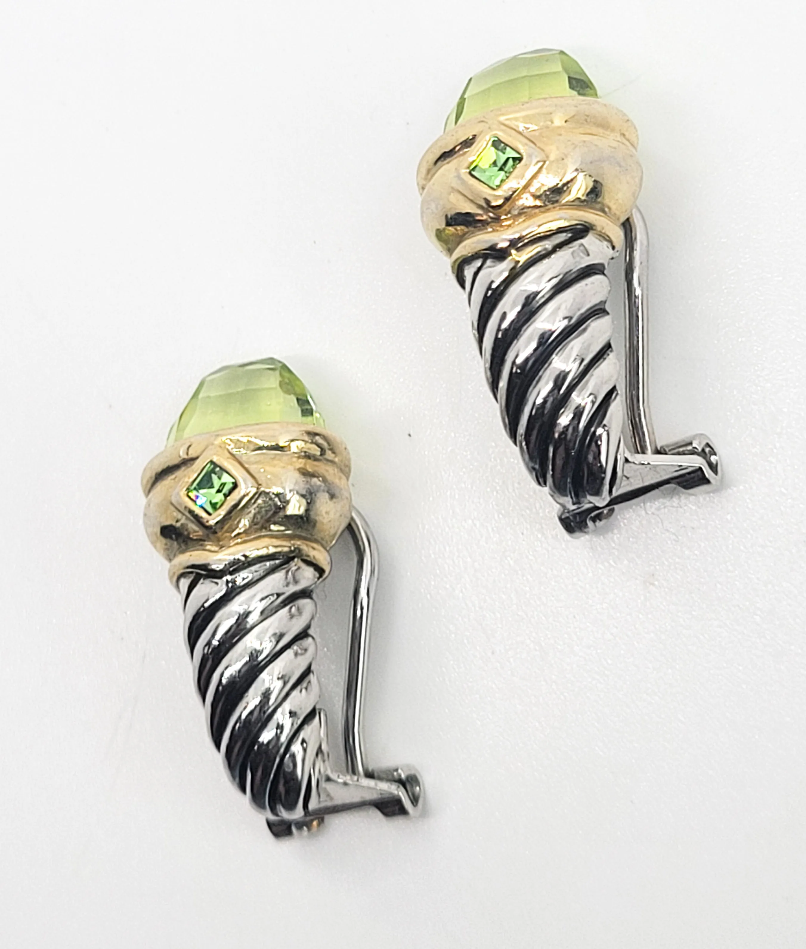 Green faceted crystal silver and gold toned vintage scepter clip on earrings