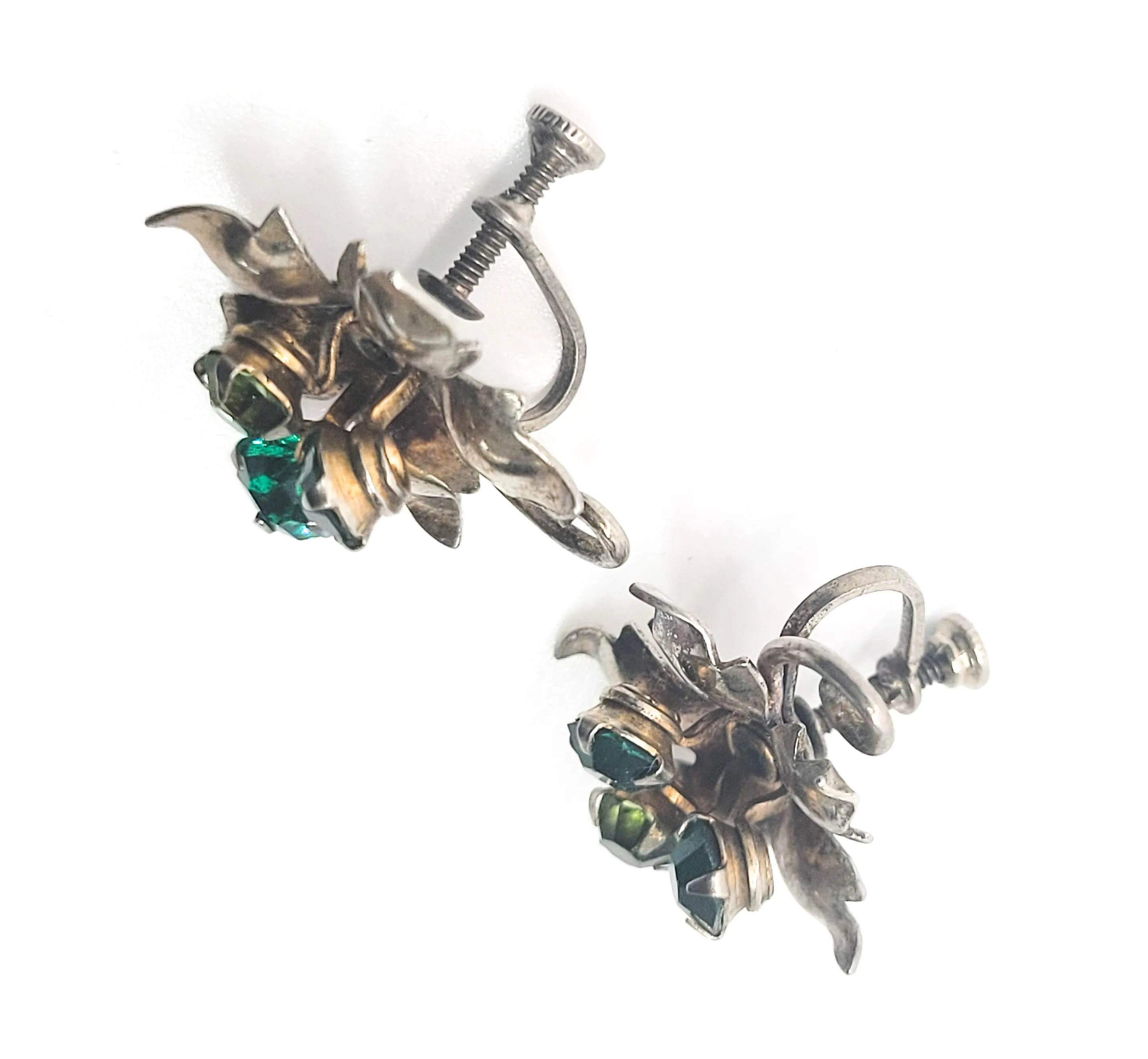 Green rhinestone antique sterling silver screw back flower earrings