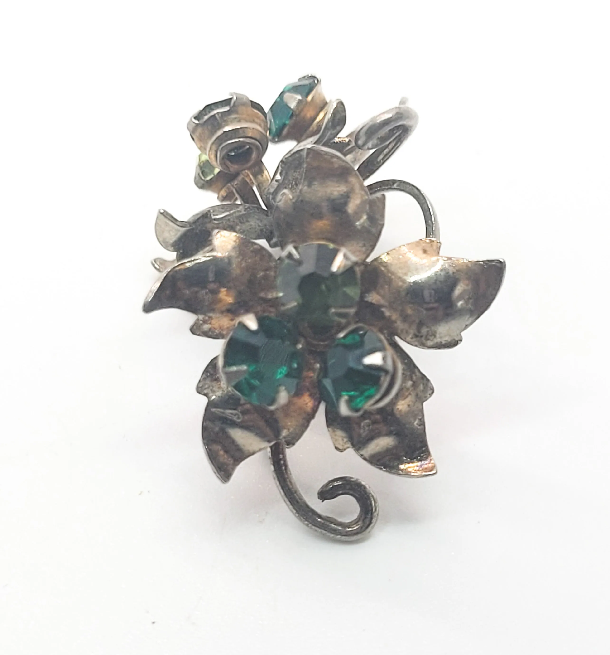 Green rhinestone antique sterling silver screw back flower earrings