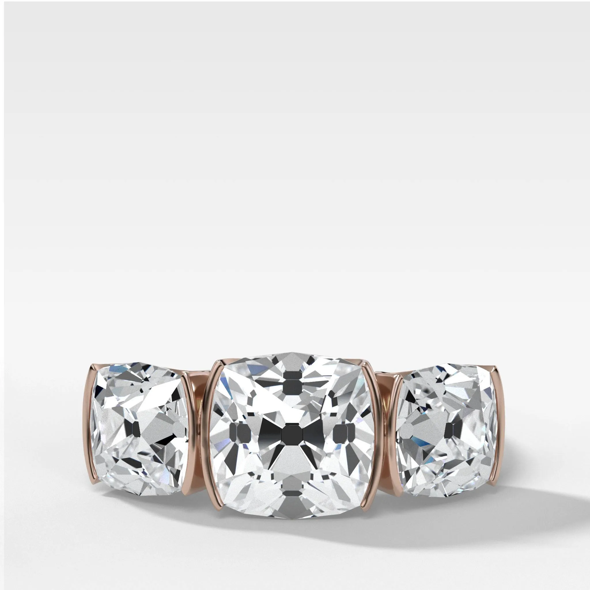 Half Bezel Triad Engagement Ring With Old Mine Cut Diamonds