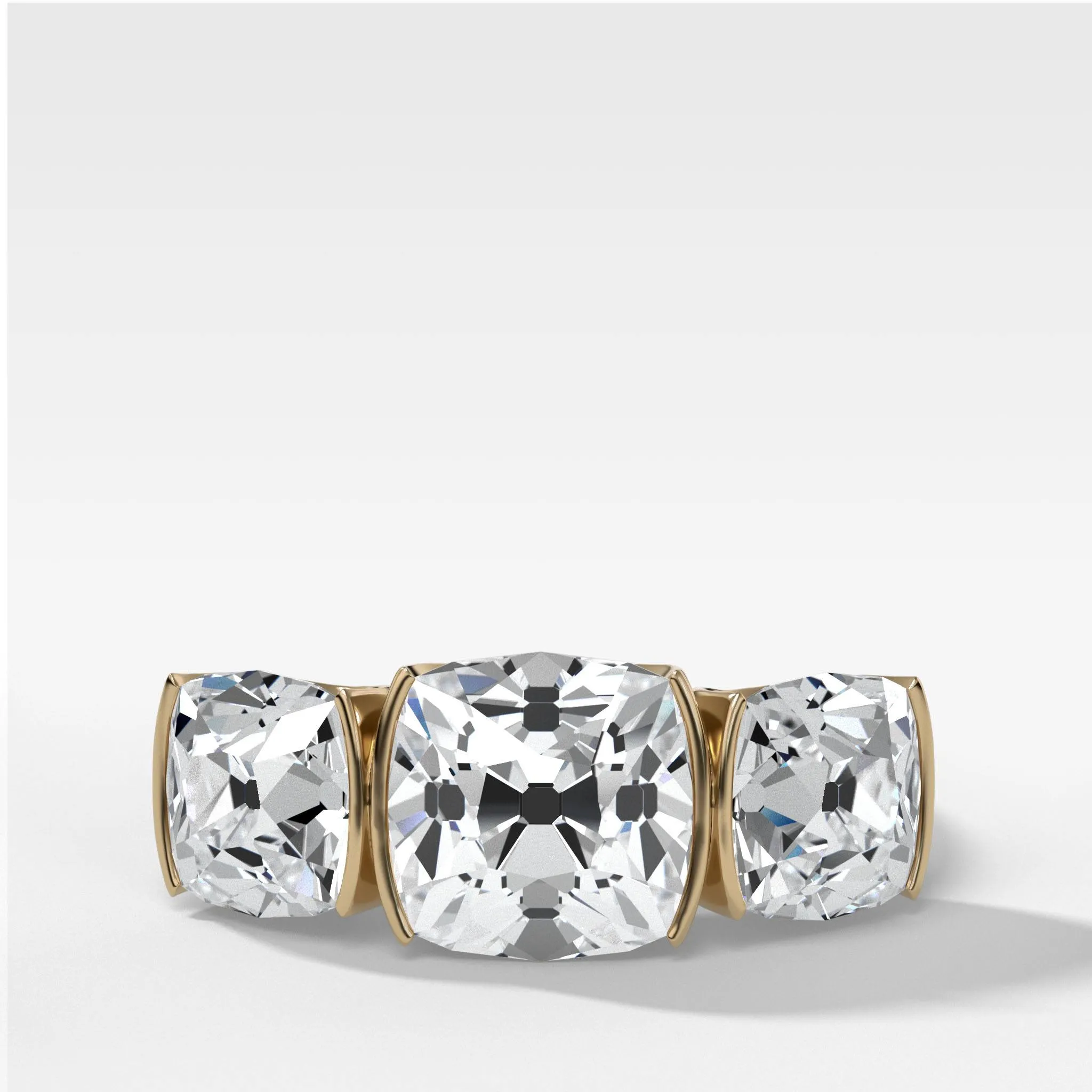 Half Bezel Triad Engagement Ring With Old Mine Cut Diamonds