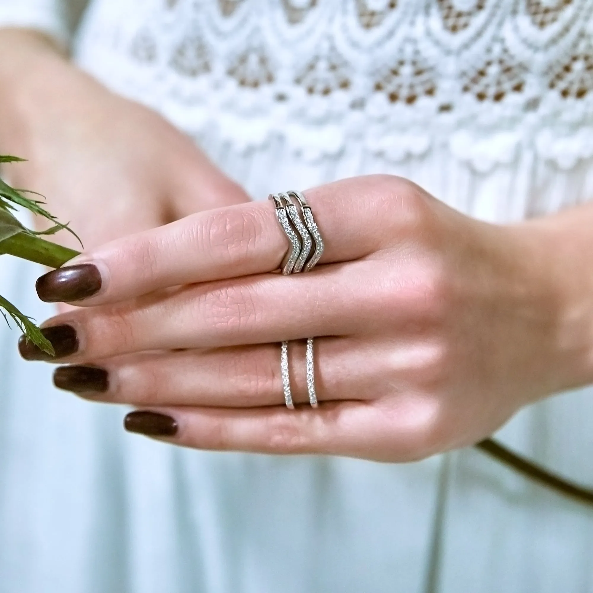 Half Eternity Ring Enhancer Wrap Two Row Band, Platinum Plated Sterling Silver