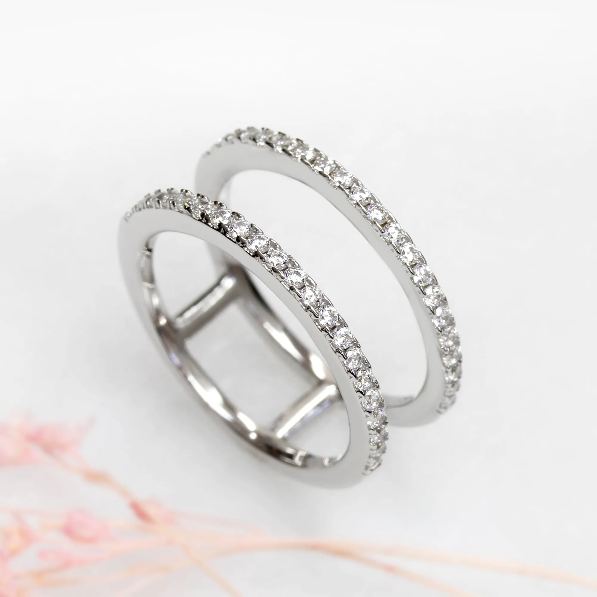 Half Eternity Ring Enhancer Wrap Two Row Band, Platinum Plated Sterling Silver
