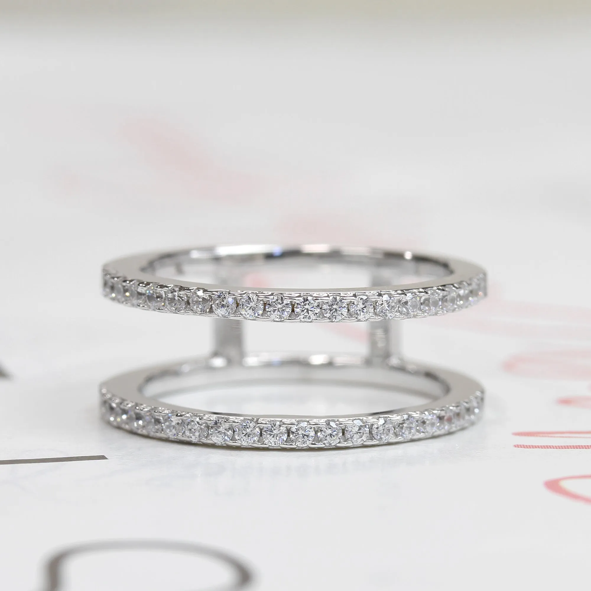 Half Eternity Ring Enhancer Wrap Two Row Band, Platinum Plated Sterling Silver