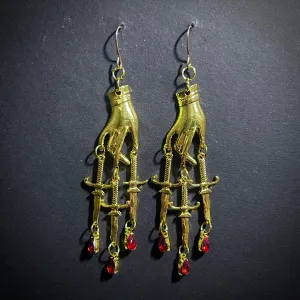 Hand, Dagger & Blood Drops Bad-Ass Golden Chandelier Earrings