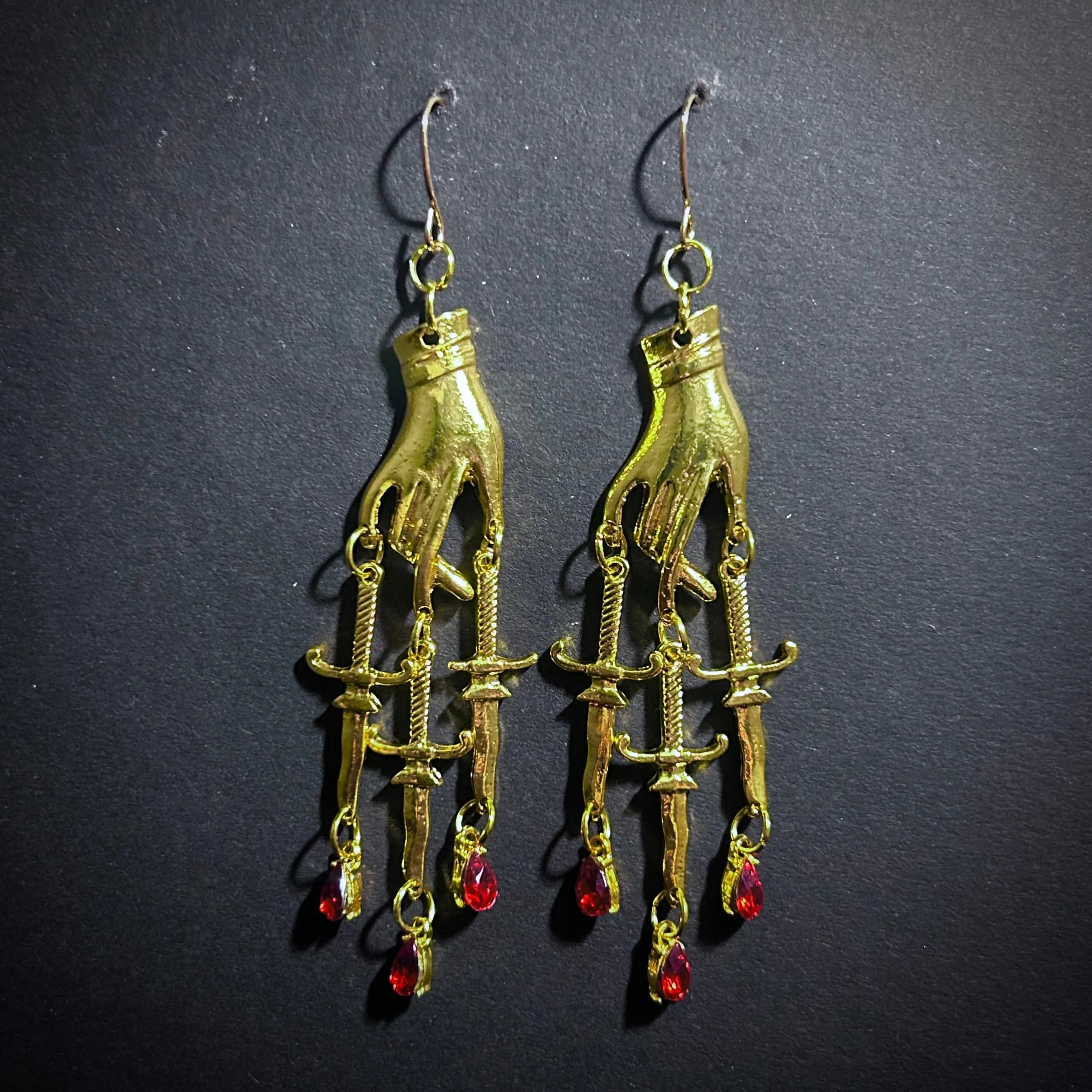 Hand, Dagger & Blood Drops Bad-Ass Golden Chandelier Earrings
