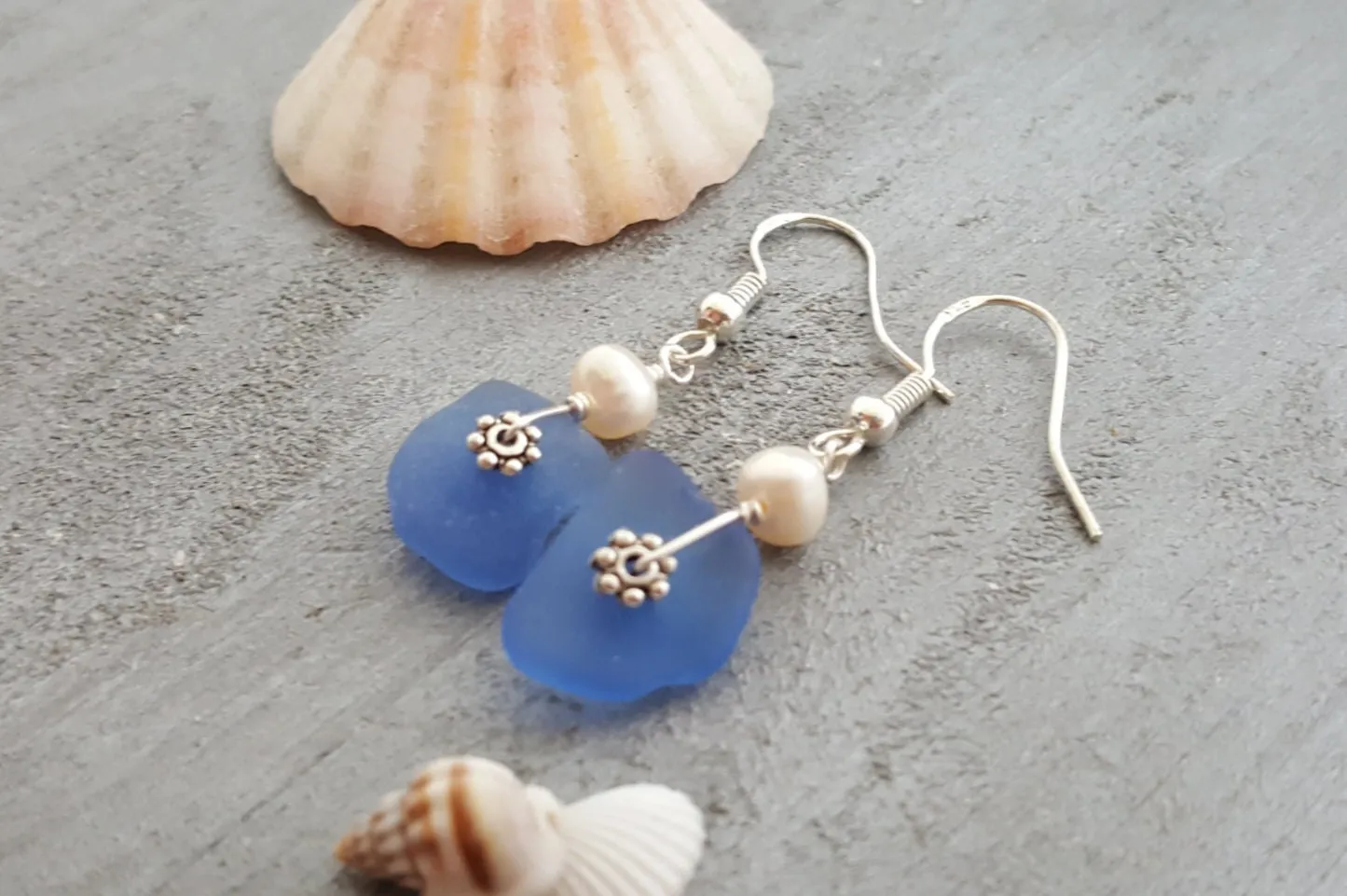 Handmade in Hawaii,, Genuine surf tumbled natural Cobalt sea glass earrings, Rare match for a nice pair, Natural pearl, Birthday Gift