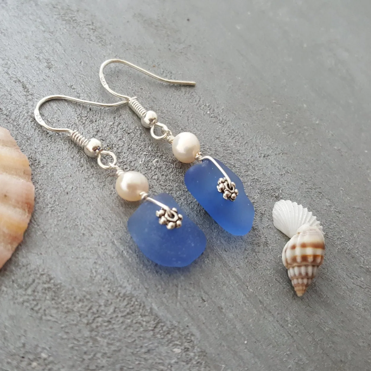 Handmade in Hawaii,, Genuine surf tumbled natural Cobalt sea glass earrings, Rare match for a nice pair, Natural pearl, Birthday Gift