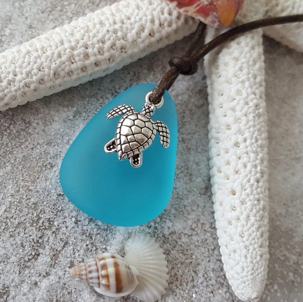 Handmade in Hawaii, leather cord unisex blue sea glass necklace, unisex jewelry, man jewelry, birthday gift