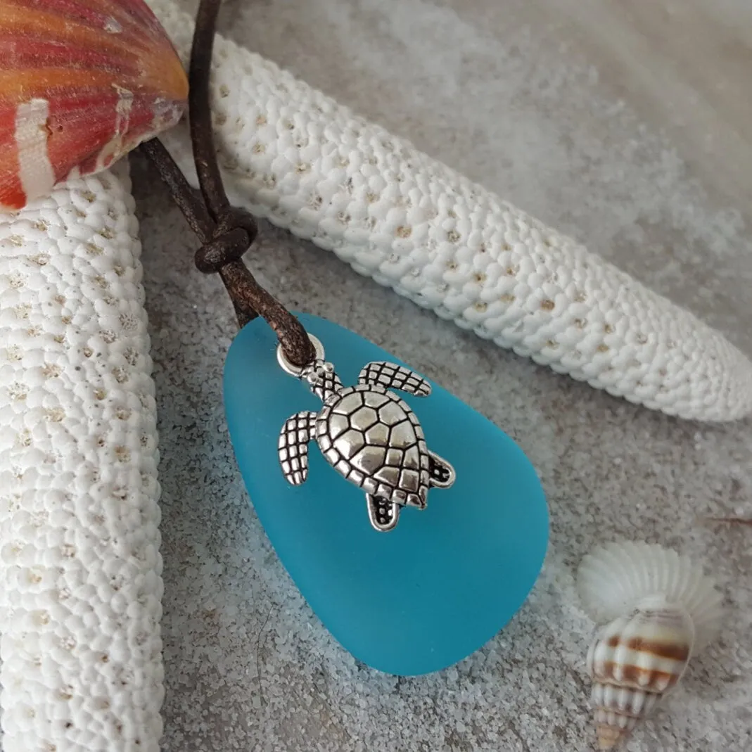 Handmade in Hawaii, leather cord unisex blue sea glass necklace, unisex jewelry, man jewelry, birthday gift