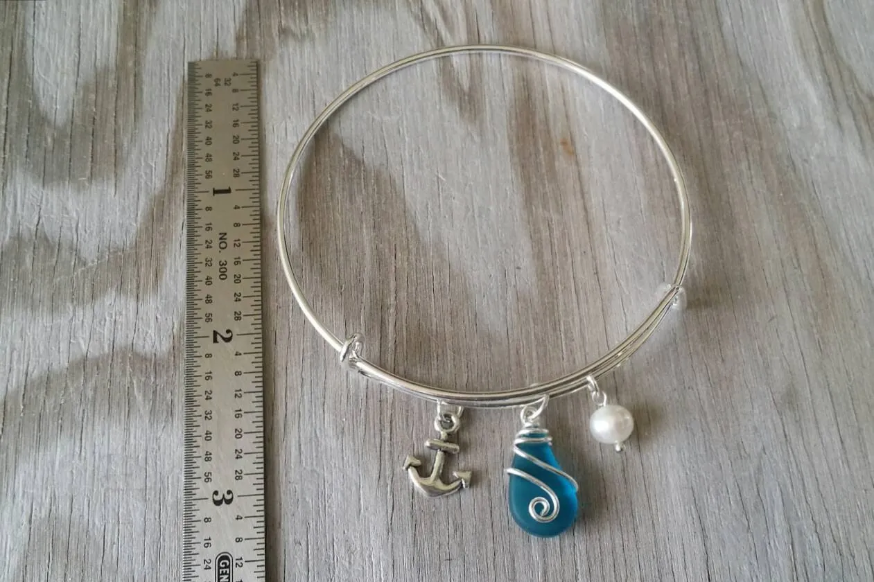 Handmade in Hawaii, wire wrapped blue sea glass bracelet,anchor charm,  Sea glass jewelry, Mother's Day Gifts,Hawaiian jewelry.