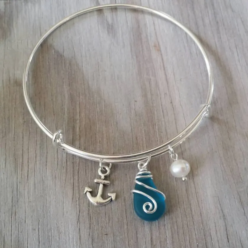 Handmade in Hawaii, wire wrapped blue sea glass bracelet,anchor charm,  Sea glass jewelry, Mother's Day Gifts,Hawaiian jewelry.