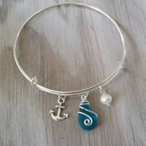Handmade in Hawaii, wire wrapped blue sea glass bracelet,anchor charm,  Sea glass jewelry, Mother's Day Gifts,Hawaiian jewelry.