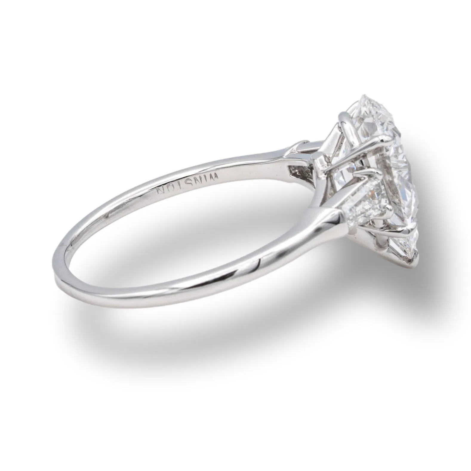 Harry Winston Platinum Pear Shape Diamond Engagement Ring with Baguettes Circa 1960's
