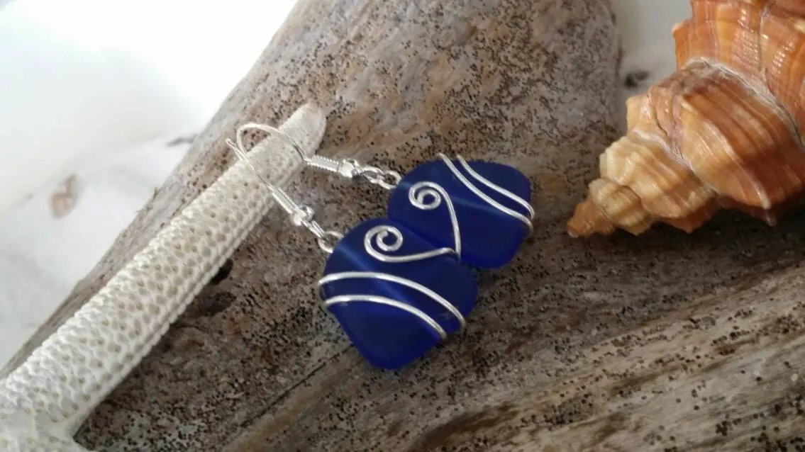 Hawaiian Jewelry Sea Glass Earrings, Wire Cobalt Blue Earrings, Unique Beach Jewelry Birthday Gift For Women (September Birthstone Jewelry)
