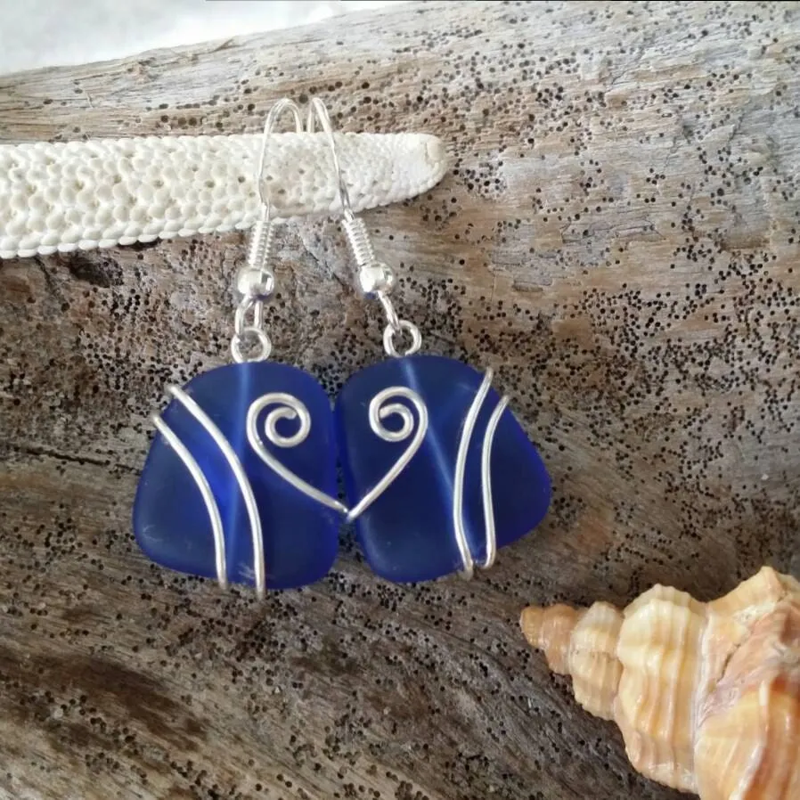 Hawaiian Jewelry Sea Glass Earrings, Wire Cobalt Blue Earrings, Unique Beach Jewelry Birthday Gift For Women (September Birthstone Jewelry)