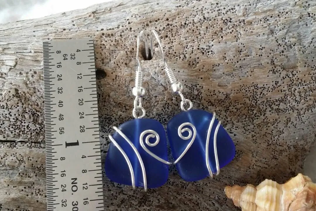 Hawaiian Jewelry Sea Glass Earrings, Wire Cobalt Blue Earrings, Unique Beach Jewelry Birthday Gift For Women (September Birthstone Jewelry)