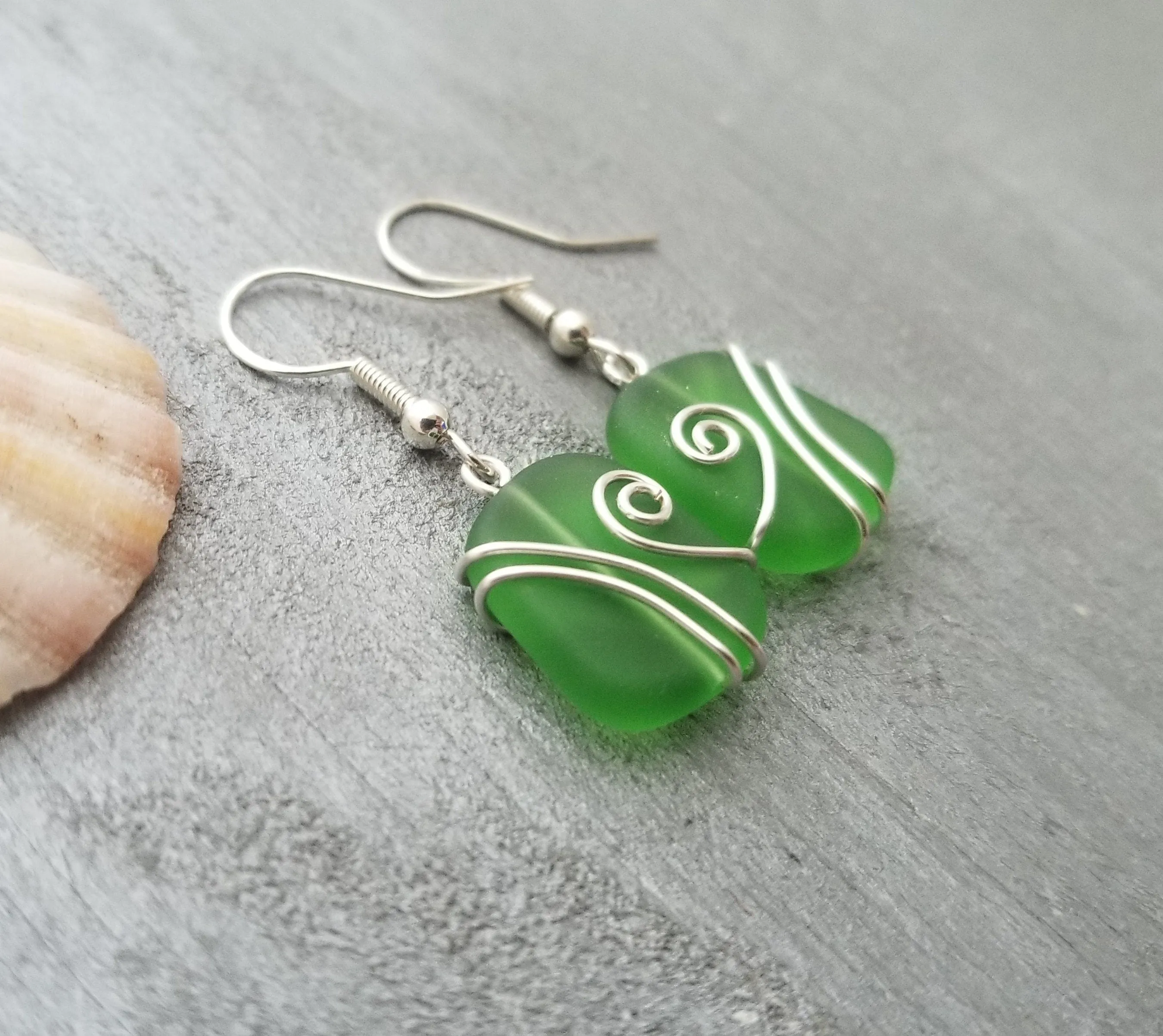 Hawaiian Jewelry Sea Glass Earrings, Wire Emerald Earrings Green Earrings, Sea Glass Jewelry Beach Jewelry(May Birthstone Jewelry For Women)